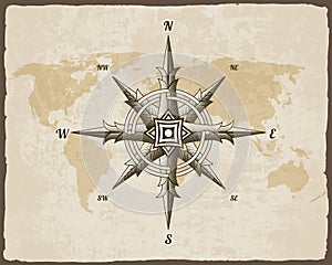 Nautical antique compass sign on old paper texture world map with torn border frame. Element for marine theme and