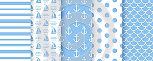 Nautical baby shower seamless patterns. Marine sea backgrounds. Set blue geometric prints for scrapbooking design