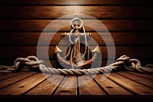 Nautical background with ropes, weathered deck, anchor. Travel and adventure concept. Created with Generative AI technology