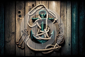 Nautical background with ropes, weathered deck, anchor. Travel and adventure concept. Created with Generative AI technology