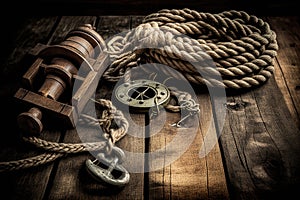 Nautical background with ropes, weathered deck, anchor. Travel and adventure concept. Created with Generative AI technology