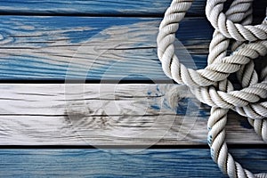 Nautical background with ropes on a weathered deck. Travel and adventure concept. Created with Generative AI technology