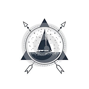 Nautical badge with hand drawn vector illustration.