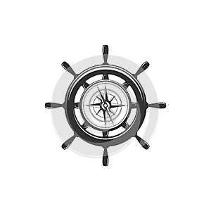 Nautical black helm with compass isolated on white. Ship and boat steering wheel sign