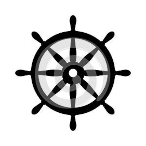 Nautical black helm isolated on white. Ship and boat steering wheel sign. Boat wheel control icon. Rudder label