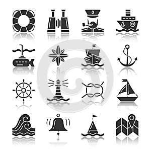 Nautical black silhouette with reflection icon set