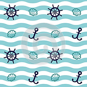 Nautical Blue Green Seamless Pattern with Dark Blue Elements: Shell, Anchor and Ship Rudder Design Vector Illustration