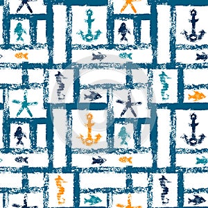 Nautical blue orange and white grunge lattice with anchor, star and fishes, seamless pattern, vector
