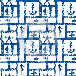 Nautical blue and white grunge lattice with anchor, star and fishes, seamless pattern, vector