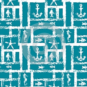 Nautical blue and white grunge lattice with anchor, star, seahorse, and fishes, seamless pattern, vector