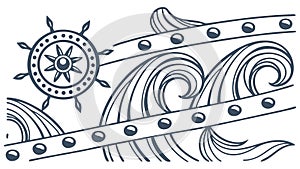 Nautical border with ship wheel and waves for maritime themes, vector design Generative AI