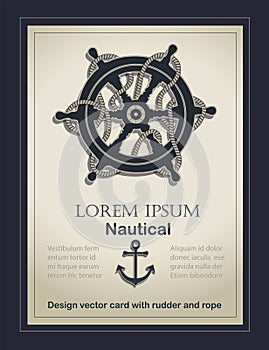 Nautical card old paper template vector with rudder and rope