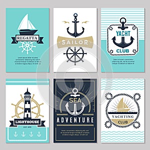 Nautical cards. Marine vintage logotypes sea rope knot anchor ship ocean decorative symbols for labels background