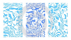 Nautical cartoonish abstract background set. Vertical blue rippled water surface, illusion, curvature. Liquid paint on canvas