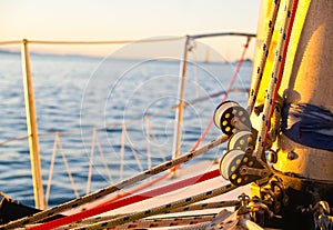 Nautical close-up rigging and pulleys at base of mast