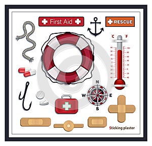 Nautical collection icons, first aid and rescue, lifebuoy, sticking plaster, compass and medicines, Isolated on white background