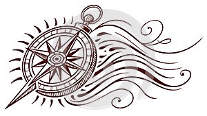 Nautical Compass Rose with Swirling Lines, vector design Generative AI