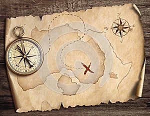 Nautical compass on table with old treasure map 3d illustration