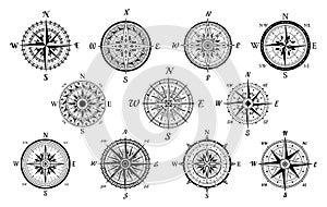 Nautical compasses vintage set. Wind rose medieval tools. Geographical marine navigation equipment.