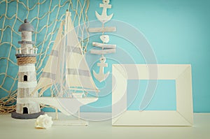 Nautical concept with sea life style objects on wooden table
