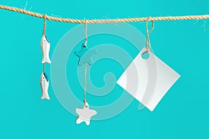 Nautical concept with sea lifestyle decorations hanging on rope with turquoise. Sea toys seastars and small fish