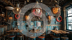 nautical decor, seafaring atmosphere in seafood restaurant with rustic nets and buoys suspended from the ceiling photo