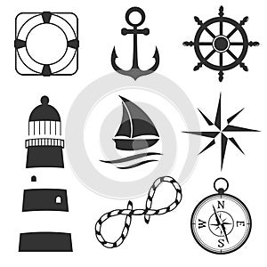 Nautical design elements: anchor, starfish, wheel, boat, fish, rope, bell, lifebuoy, lighthouse, flag, compass