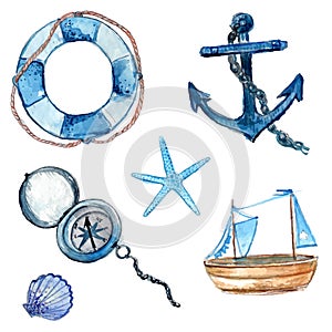 Nautical design elements hand drawn in watercolor. Life buoy with rope, compass, anchor, wooden ship, star fish and shell. Art