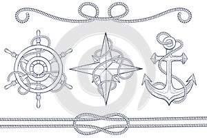 Nautical design elements. Steering wheel, windrose, anchor with rope. Hand drawn sketch