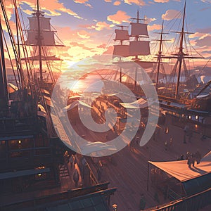 Nautical Dreamscape: Sunlit Maritime Port at Dawn