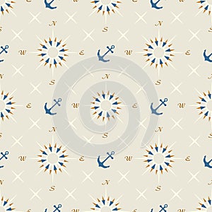 Nautical elements, icon seamless pattern with anchor, navigation compass travel background design