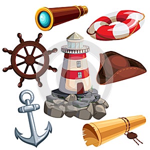 Nautical elements icon set. Cartoon captain attributes. Vector illustration.