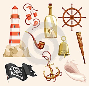 Nautical elements lighthouse and captain objects. Set of sea vintage marine item isolated. Decorative vector symbols
