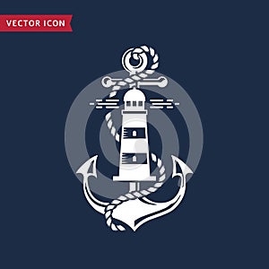 Nautical emblem with anchor, lighthouse and rope