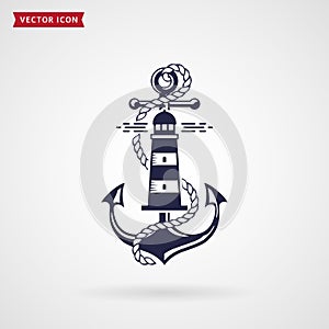 Nautical emblem with anchor, lighthouse and rope. photo