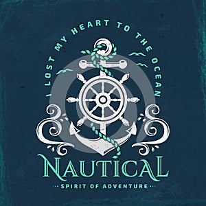 Nautical emblem with anchor, steering wheel and waves.