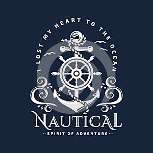 Nautical emblem with anchor, steering wheel and waves. photo