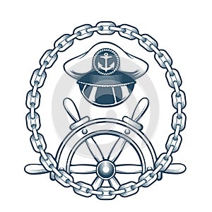 Nautical Emblem with Captain Hat and Navigation Wheel. Vector Illustration