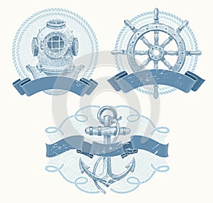 Nautical emblems with hand drawn elements photo