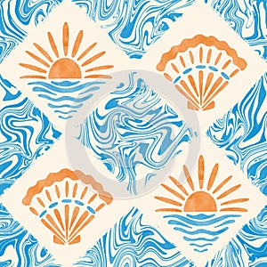 Nautical groovy seamless pattern. Watercolor seashells and sunset sun tiles on marble textured background. Summer joyful