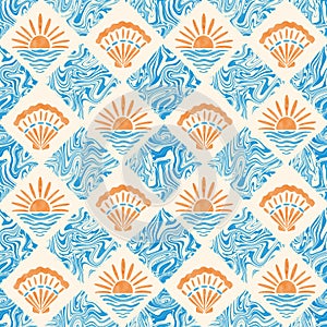 Nautical groovy seamless pattern. Watercolor seashells and sunset sun tiles on marble textured background. Summer joyful