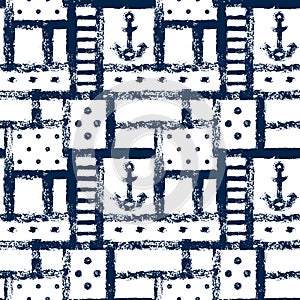 Nautical grunge geometric lattice, stripes, anchors and dots seamless pattern, vector