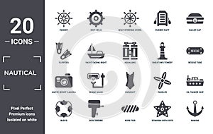 nautical icon set. include creative elements as rudder, sailor cap, smeaton\'s tower?, swimsuit, boat engine, water resist camera