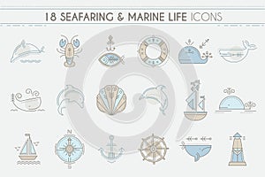 Nautical icon set, line style design elements.