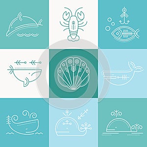 Nautical icon set, minimalistic flat design with thin strokes