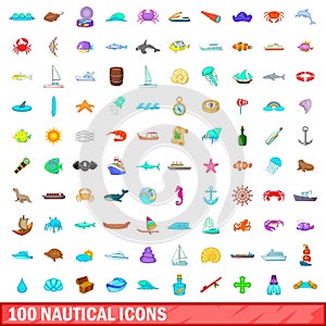 100 nautical icons set, cartoon style