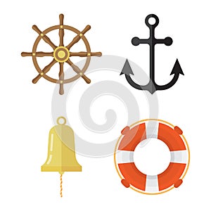 Nautical icons set. Lifebuoy, anchor, steering wheel, ship bell.