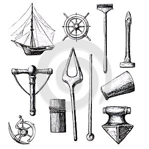 Nautical illustration ship, wheel, tools, anchor