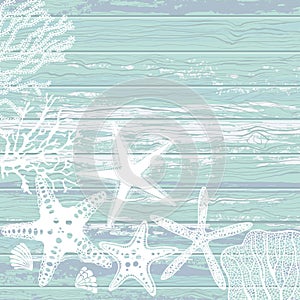 Nautical illustration with starfish and underwater plants on a textured wooden background. Vector. Invitation, greeting card or an