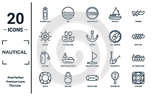 nautical linear icon set. includes thin line oxygen tank, rudder, air tank, buoys, lifesaver, marine, oil tanker ship icons for
